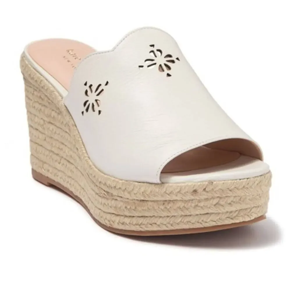 Kate Spade Tia Espadrille Wedge Sandals Size 6 Leather Slides Laser Cutout